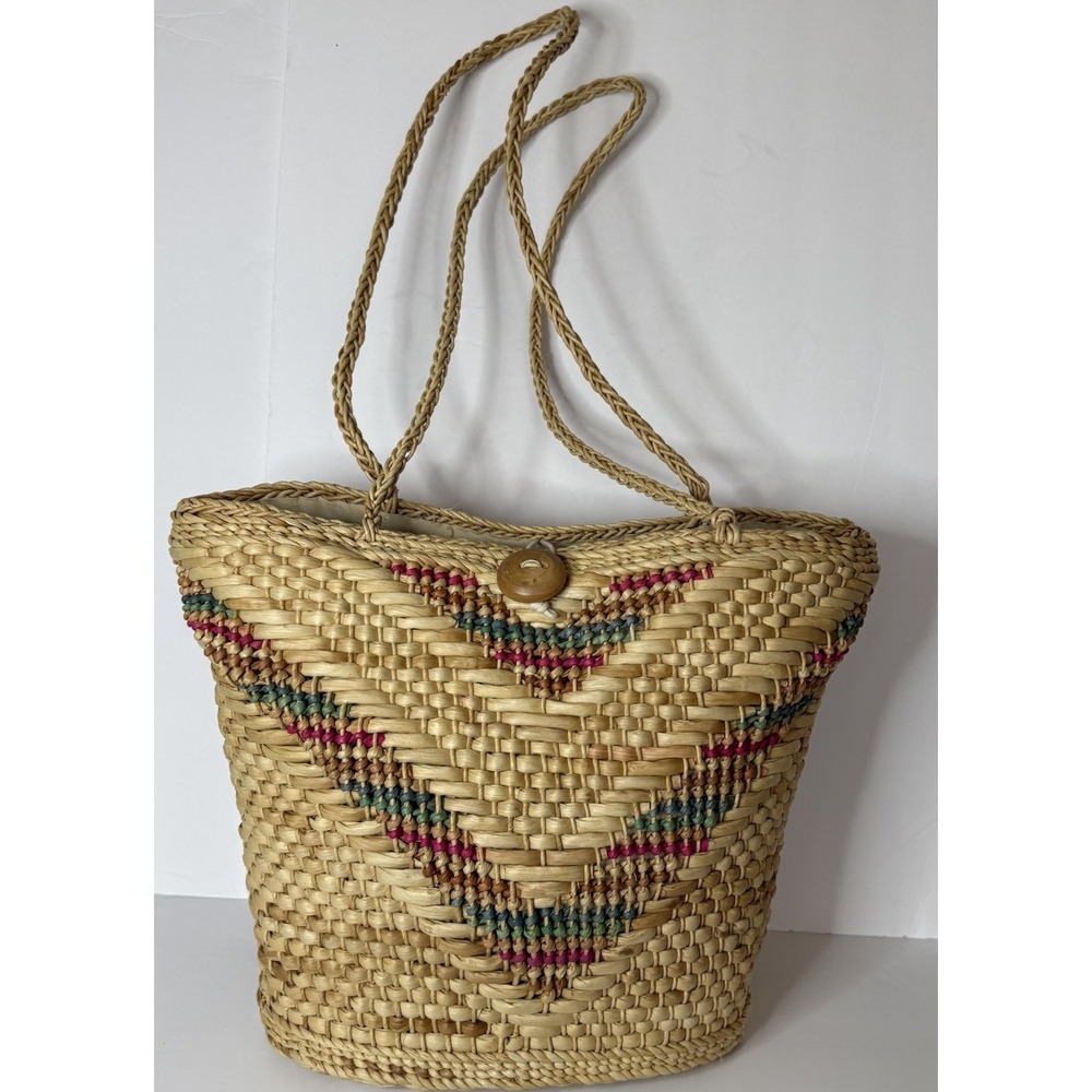 Large Straw Beach Market Bag Tote Button Closure Lined Travel‎ Vacation Resort